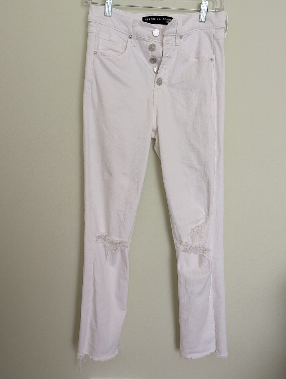 Veronica Beard Ryleigh Slim Straight High Rise White Distressed Jeans Size 27